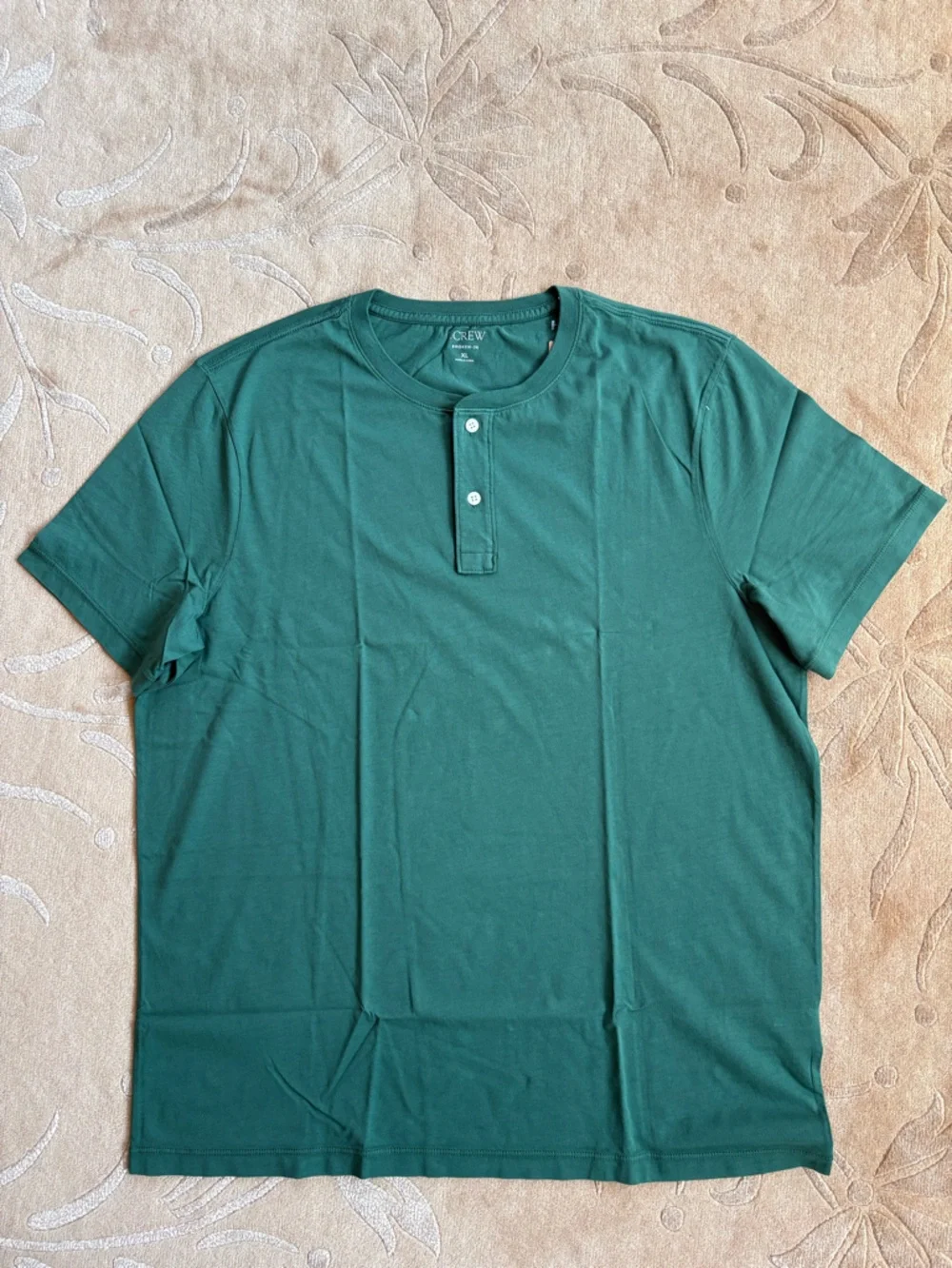 NWT, J. Crew Dark Green Broken In Short-Sleeve Henley, Cotton Jersey, Size XL